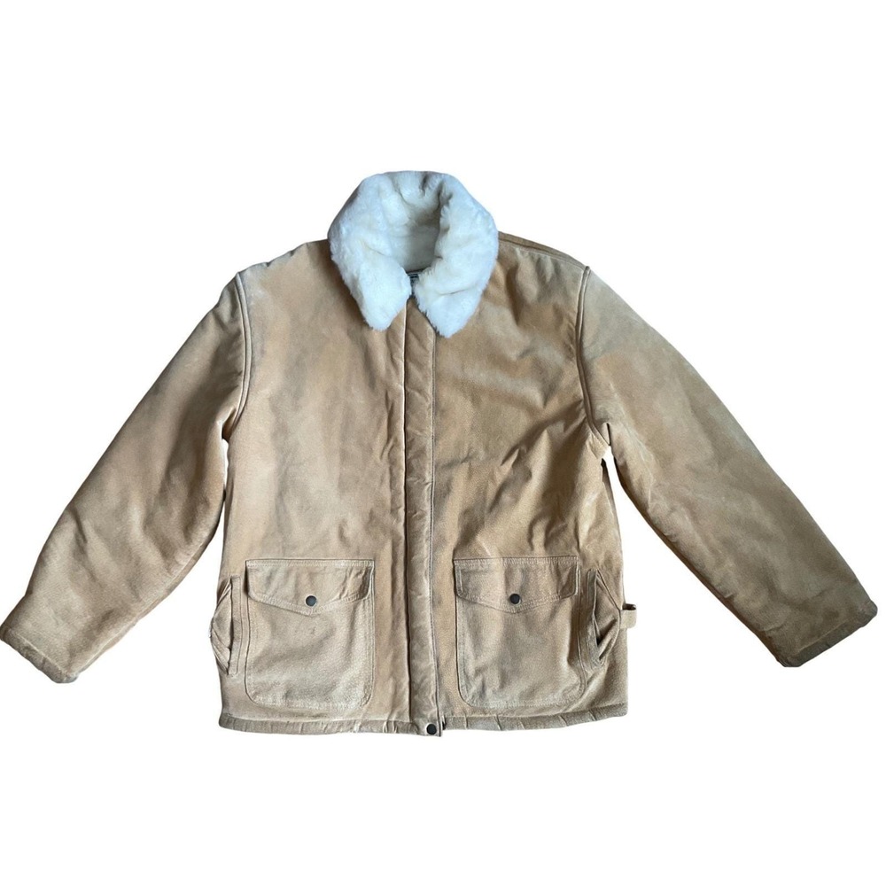 Vintage Mens Tan Suede Sherpa Lined Thrashed Trucker Jacket Barn Coat Size Large